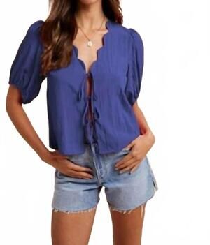 NEW ANNIEWEAR scallop detailed neck tie front blouse in navy